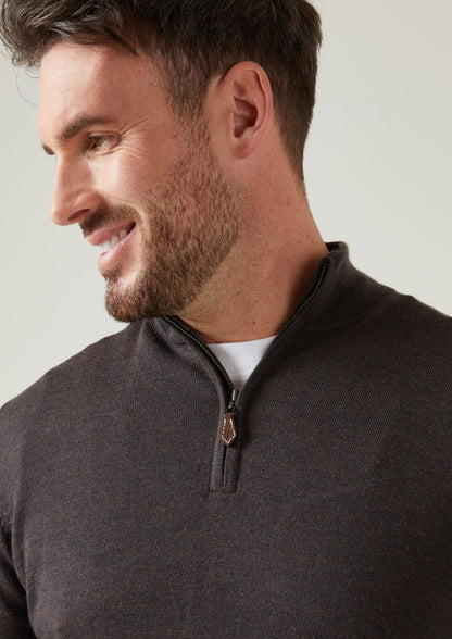 Barton Merino Wool 1/4 Zip Mock Jumper in Dark Brown