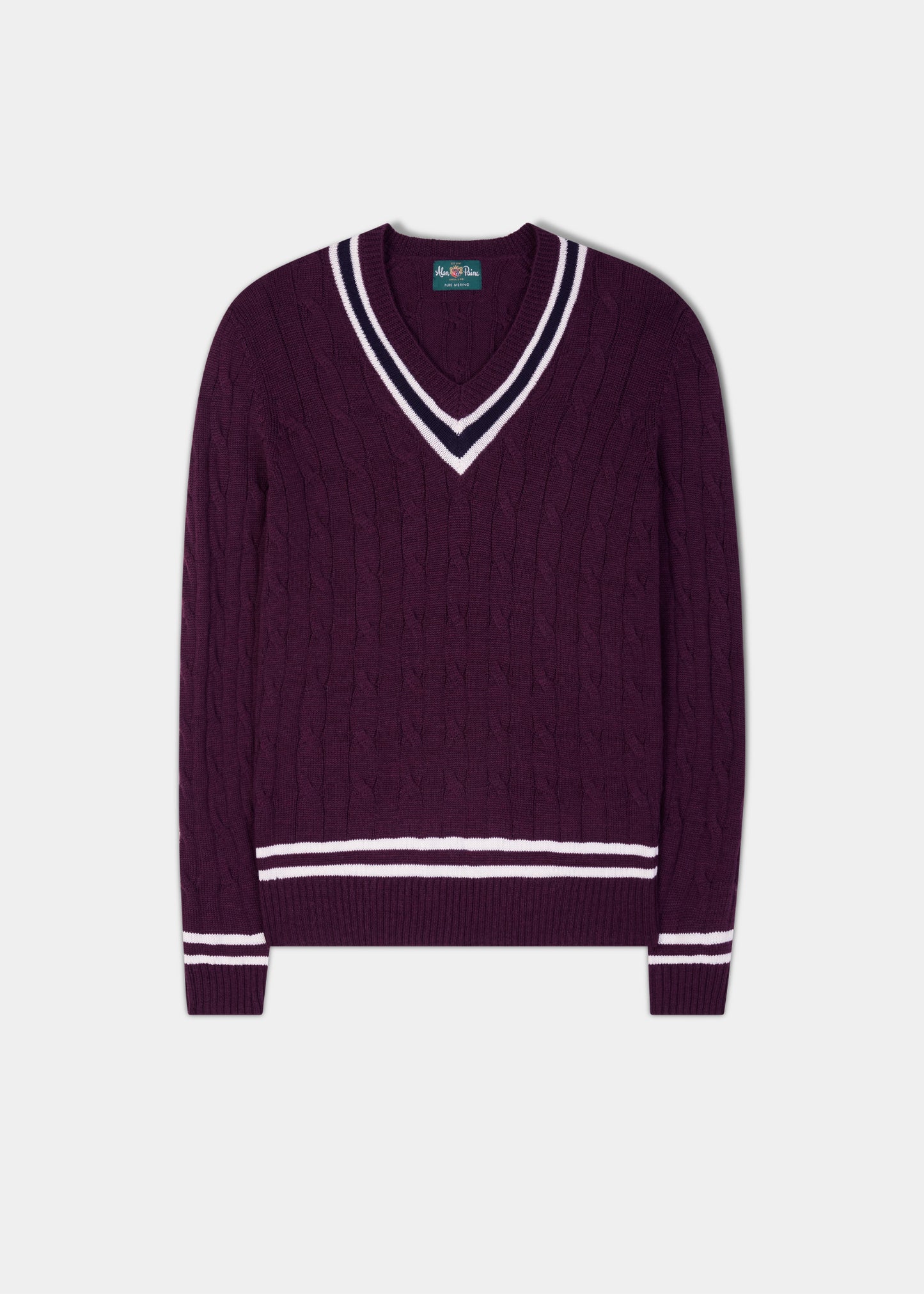 Grafton Men's Merino Wool Cable Cricket Jumper In Black Grape - Regular Fit