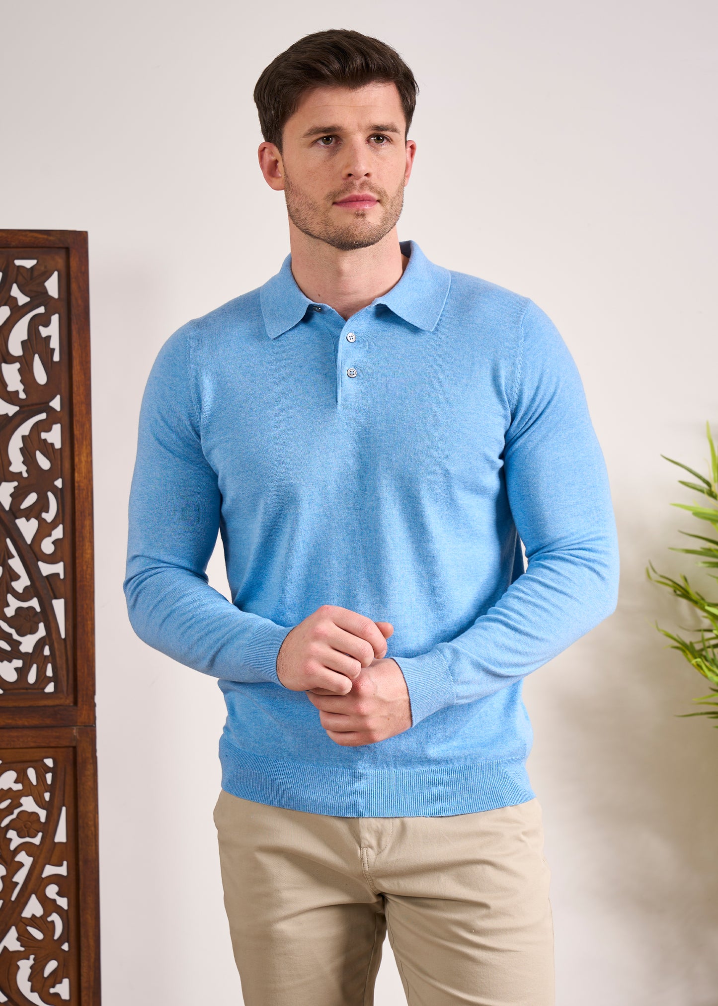 Luxury Cotton Long Sleeve Polo Shirt In Carolina Blue