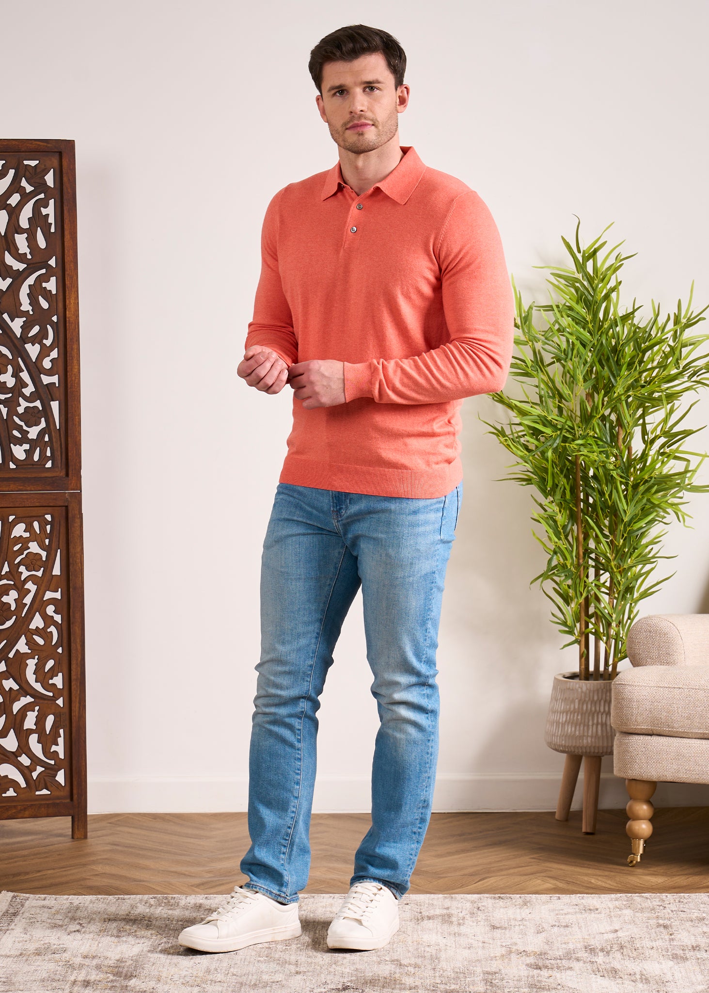 Luxury Cotton Long Sleeve Polo Shirt In Coral