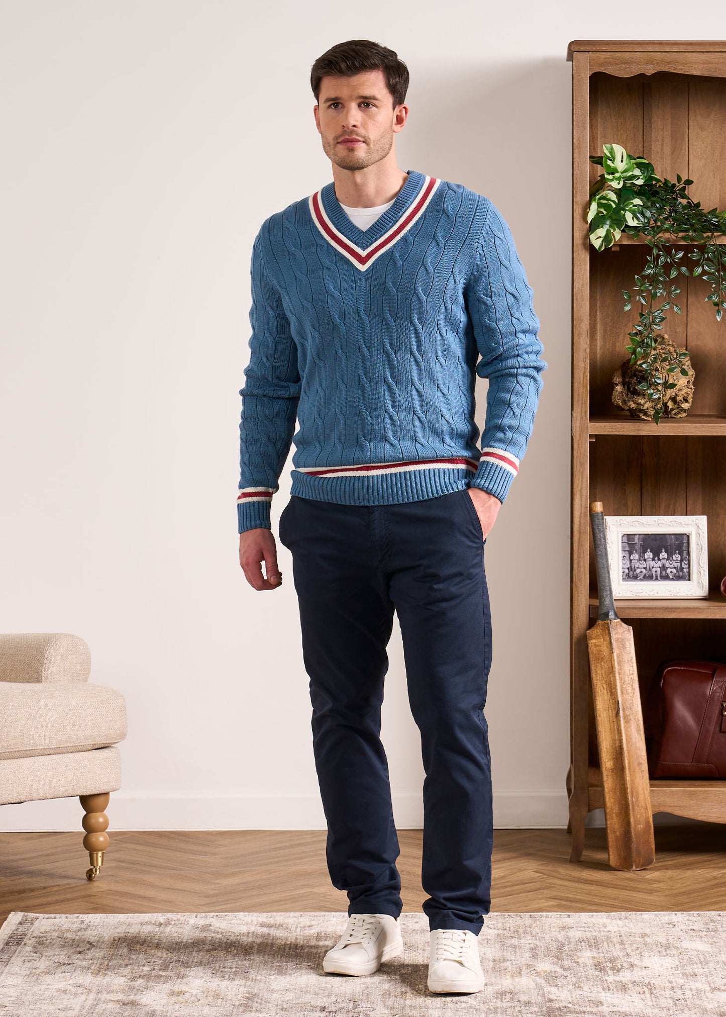 Sandridge Cable Knit Cricket Jumper In Airforce & Cherry