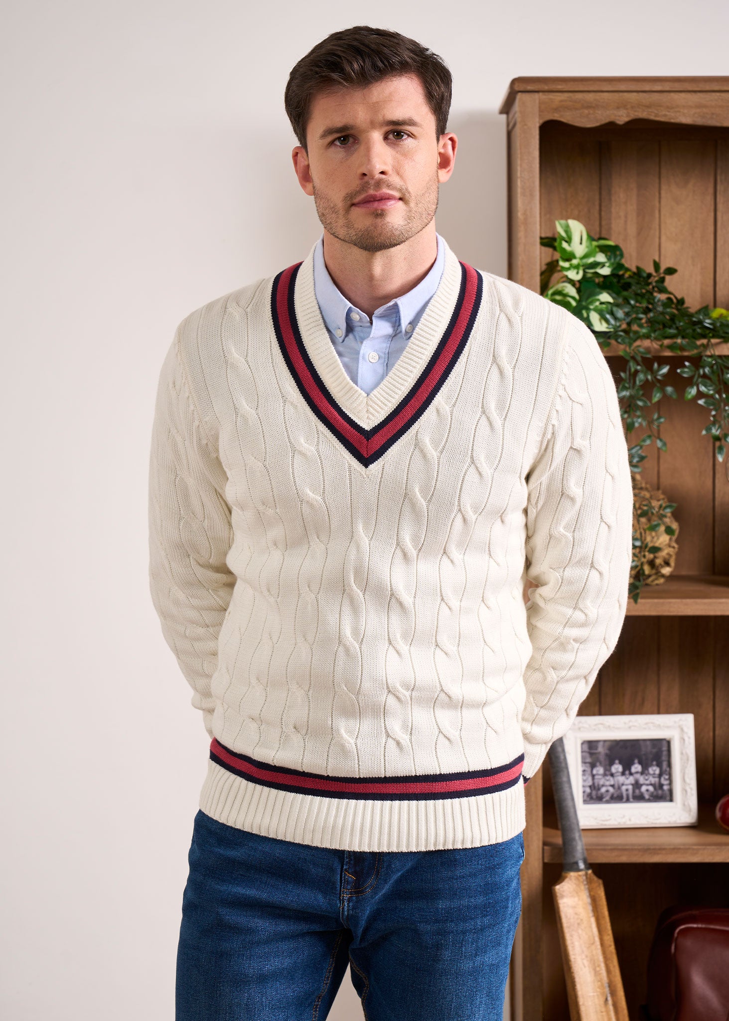 Sandridge Cable Knit Cricket Jumper In Ecru & Cherry