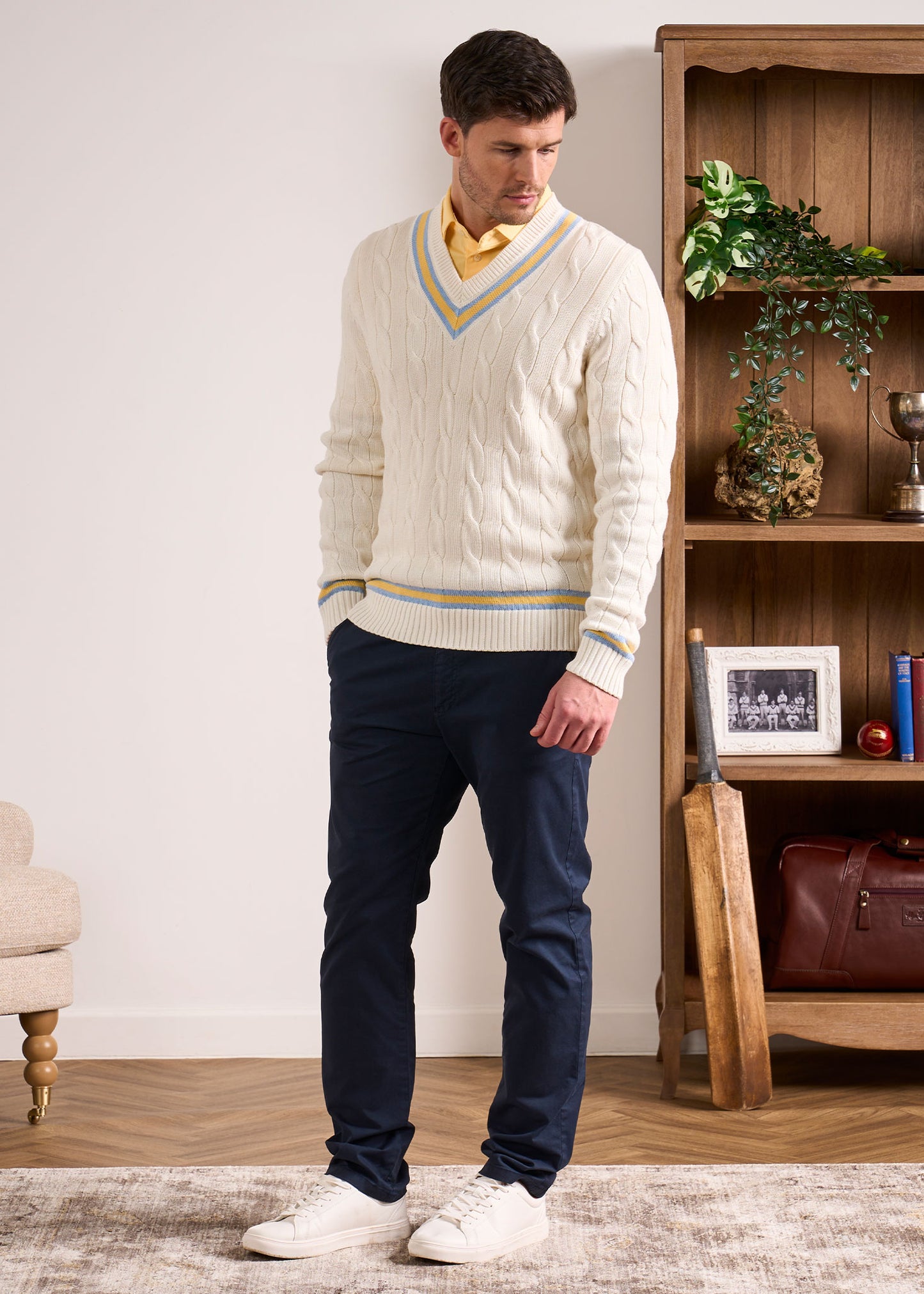 Sandridge Cable Knit Cricket Jumper In Ecru & Sun