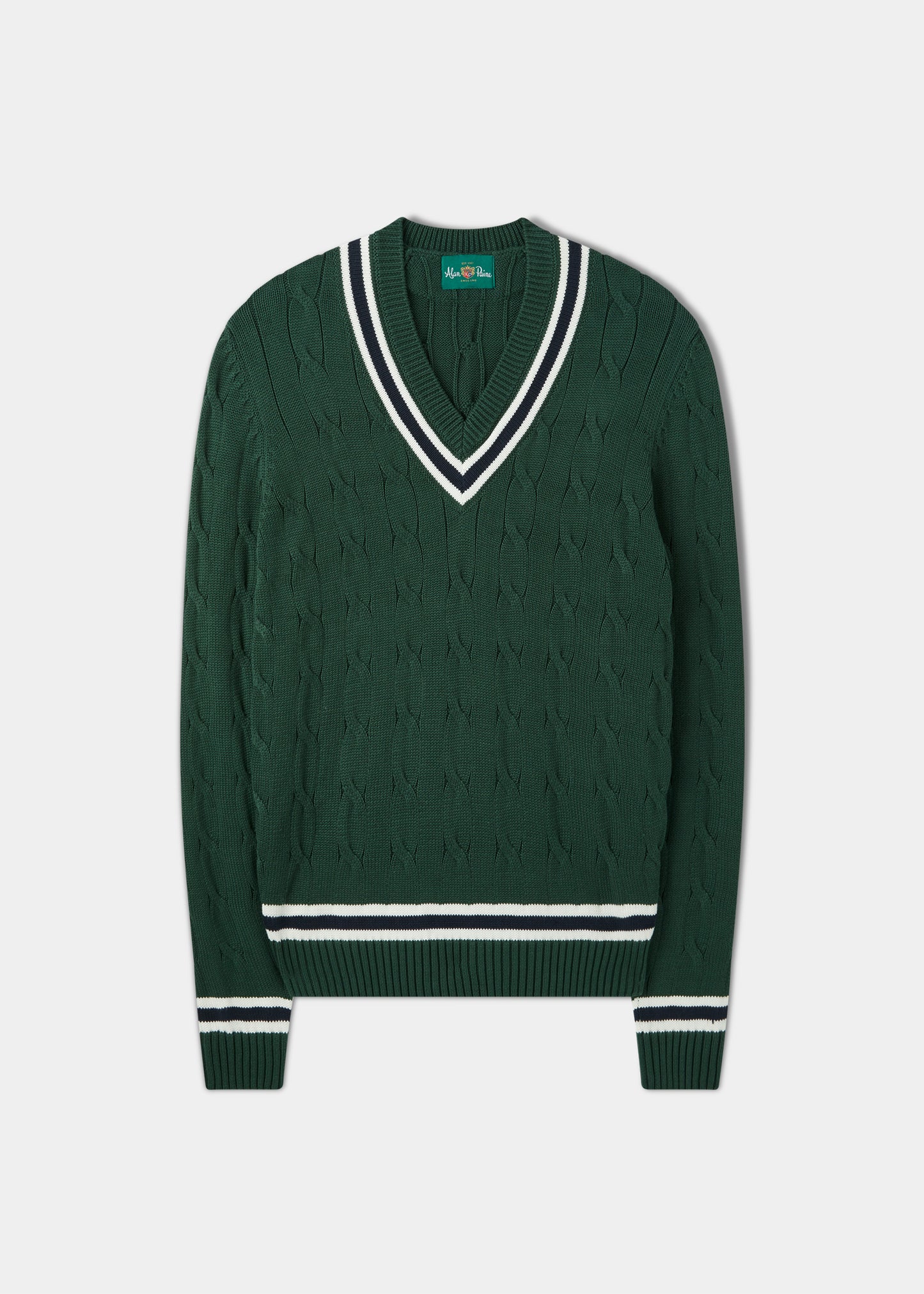 Sandridge Cable Knit Cricket Jumper In AP Green & Dark Navy