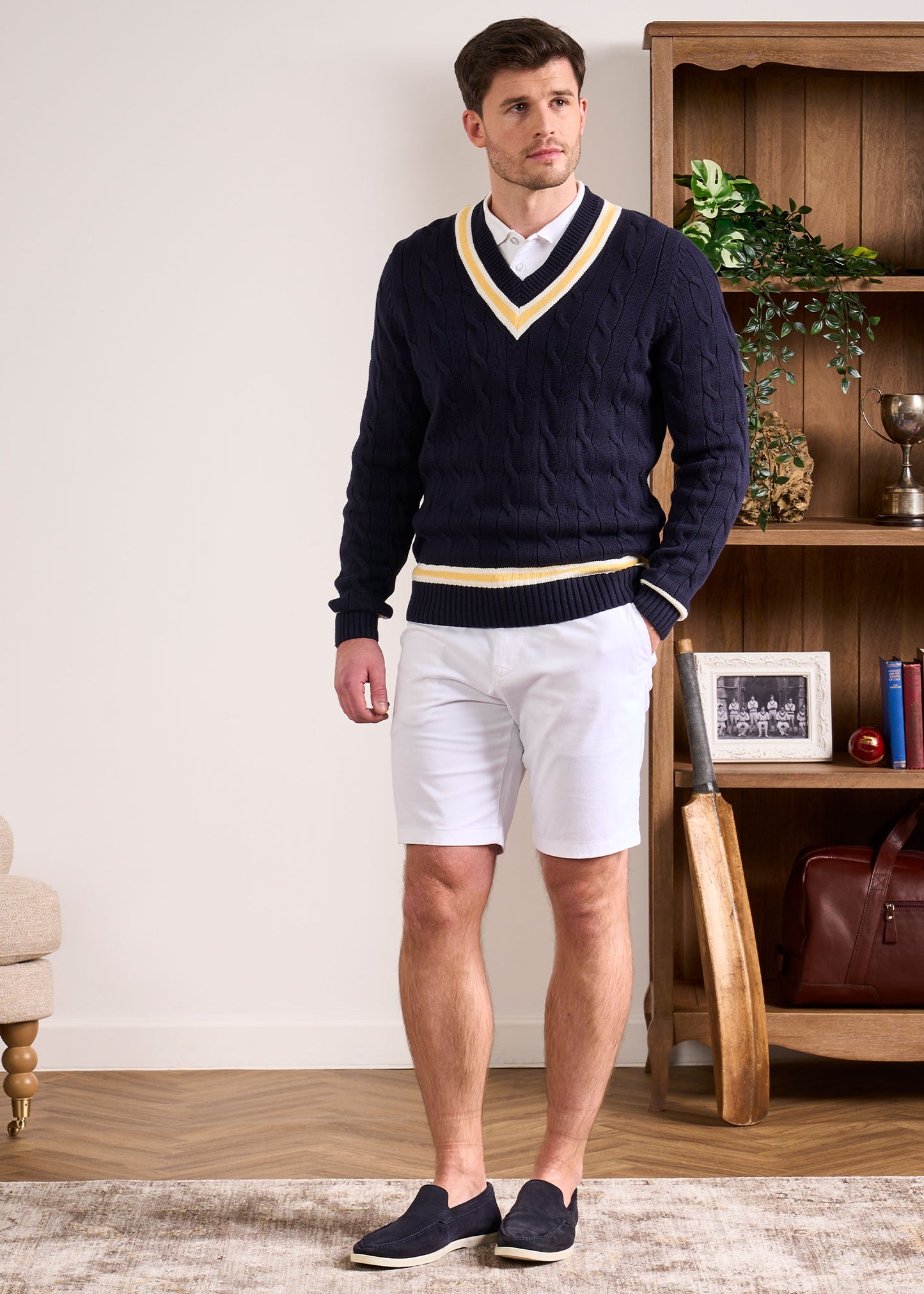 Sandridge Cable Knit Cricket Jumper In Dark Navy & Sun