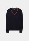 Sandford Cotton Cashmere Cable Knit Vee Neck Jumper In Dark Navy