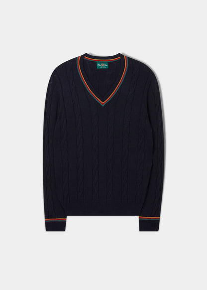 Sandford Cotton Cashmere Cable Knit Vee Neck Jumper In Dark Navy