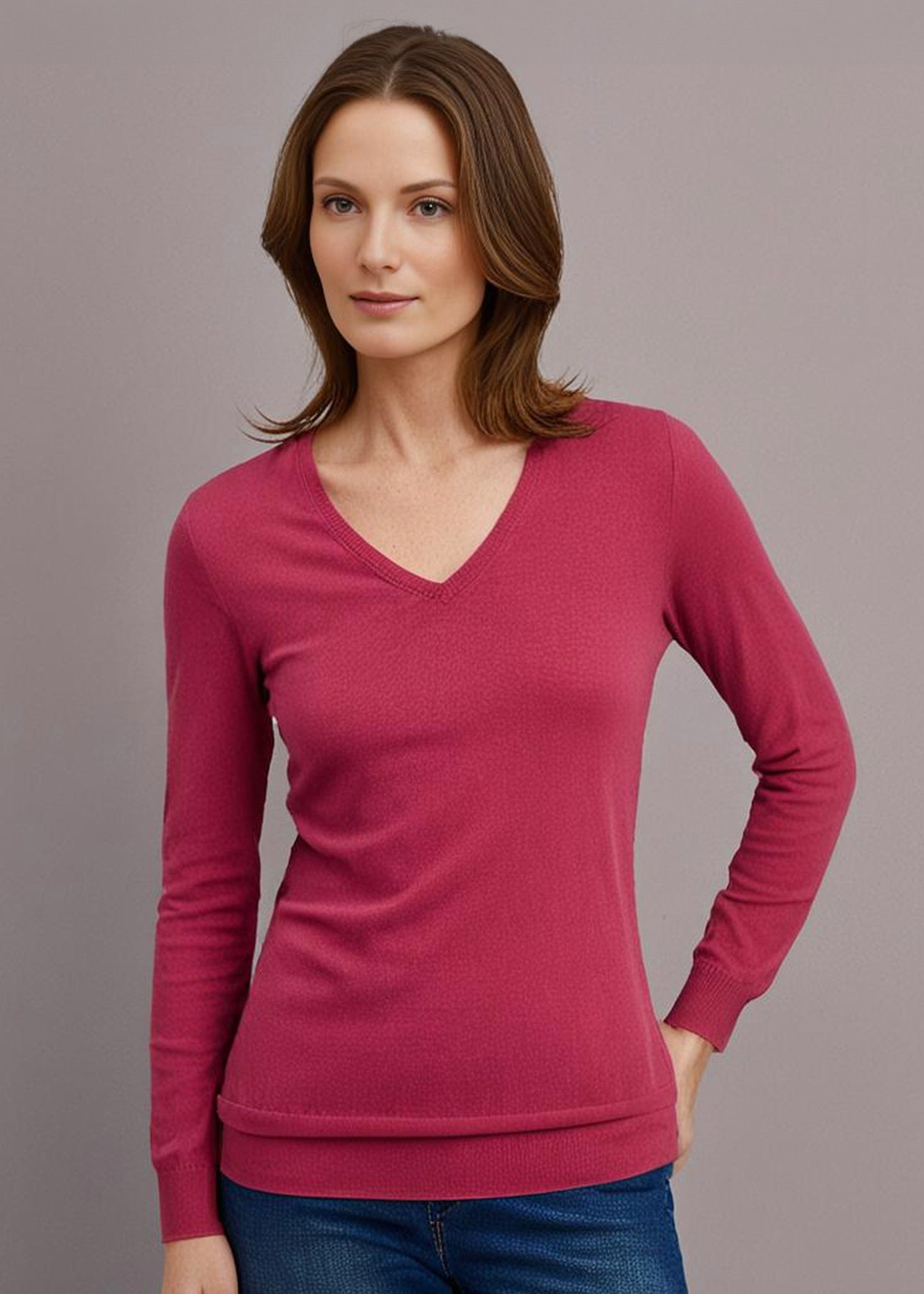 Thea Cotton Cashmere Vee Neck Jumper In Raspberry