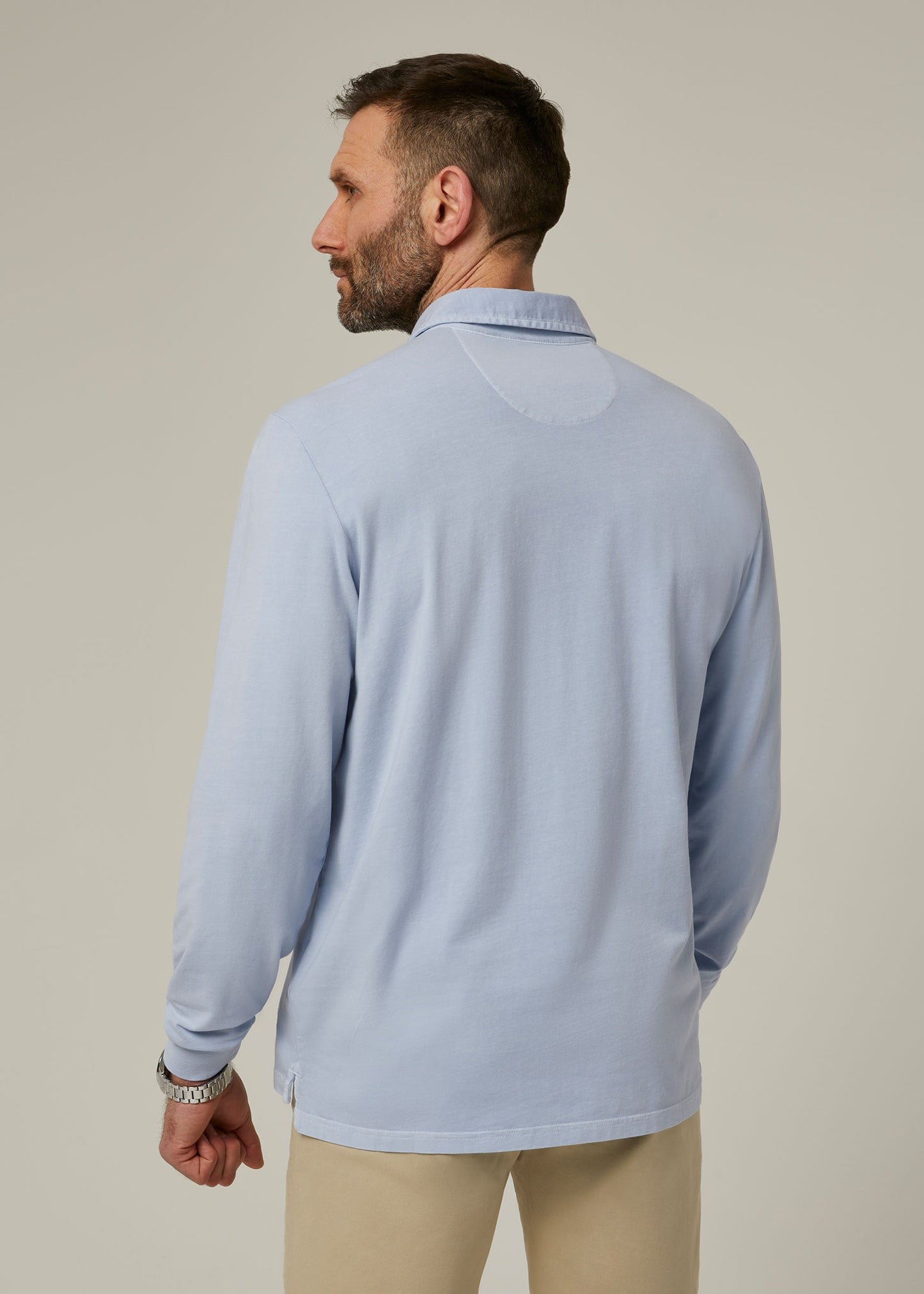 Men's long sleeve faded dye polo in light blue