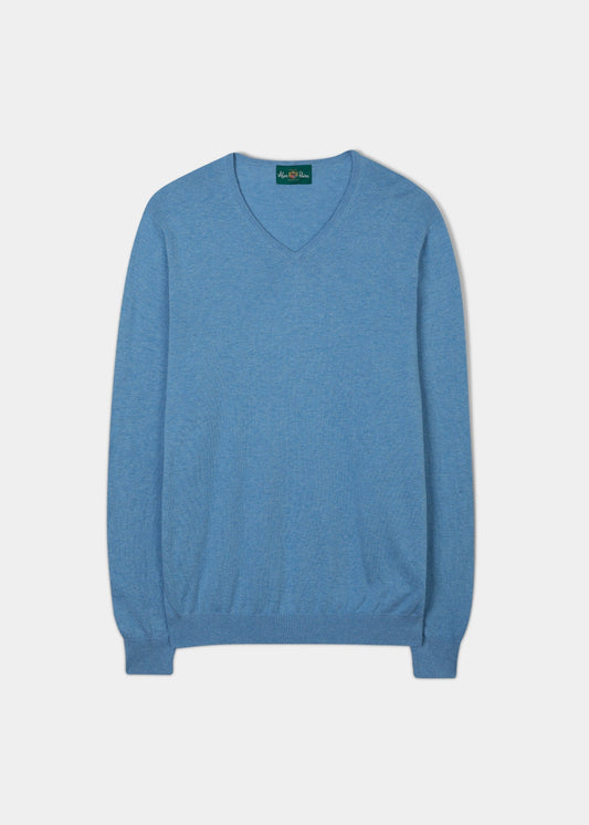 Carolina blue luxury cotton jumper with a vee neck.