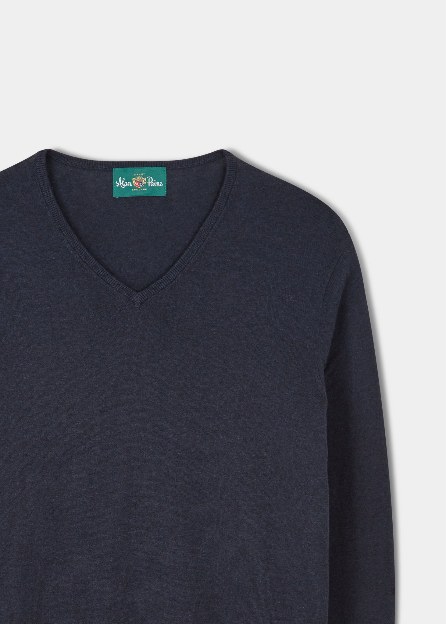 Alan Paine men's luxury cotton vee neck jumper in dark navy