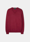 cotton cashmere jumper with a vee neck in claret red.