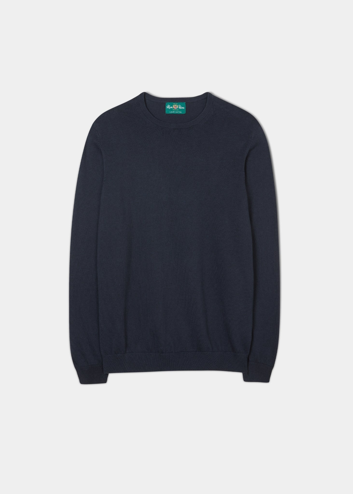 Cotton cashmere jumper in dark navy with crew neck.