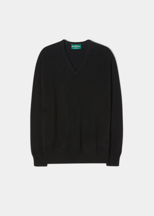 Geelong wool V neck jumper in black. 