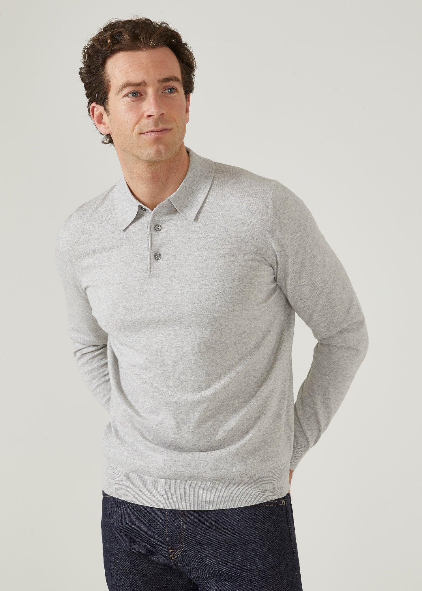 luxury cotton polo shirt with long sleeves an d 3 button design in dove.